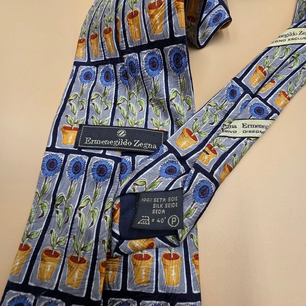Ermenegildo Zegna Mens Silk Tie Blue Sunflower Potted Plant Floral Grey Navy